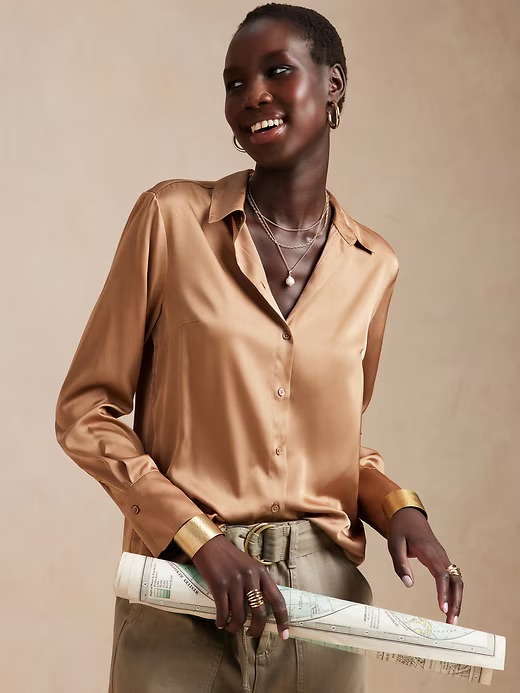 Classic Satin Button-Up Blouse In Tan